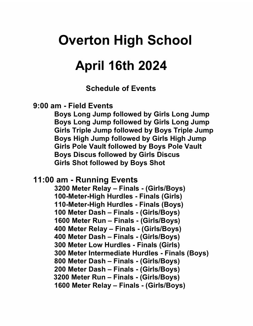 principaleagle1's tweet photo. @OvertonTrack @OvertonEagles Updated schedule. Finals only. https://t.co/kWOA0mOawA