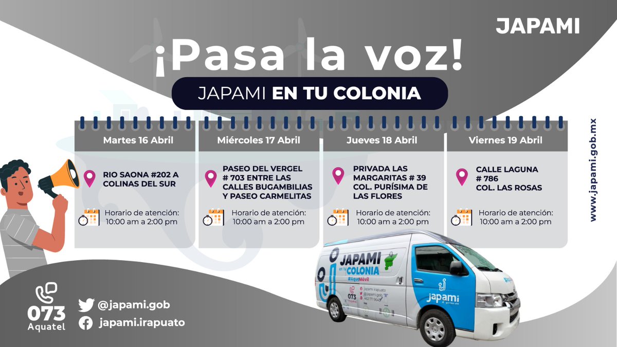 ¡Toma nota y pasa la voz! consulta la agenda de #JapamiEnTuColonia para esta semana. 👇 Si tienes alguna duda o aclaración, acude con nosotros para que un asesor te apoye a resolverlo.