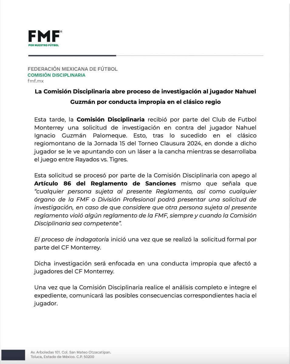 Por conducta impropia, la Comisión Disciplinaria de la FMF abre investigación a Nahuel Guzmán. Conoce los detalles.