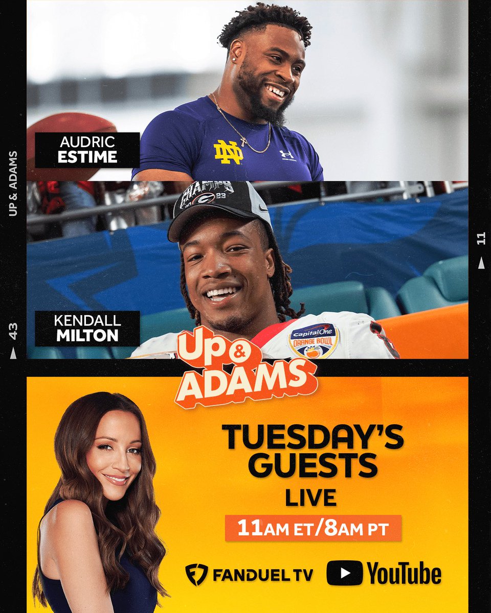 We’re RUNNING it BACK Tuesday ⤵️

🐶 2x CFP National Champ <a href="/GeorgiaFootball/">Georgia Football</a> RB Kendall Milton 
☘️ <a href="/NDFootball/">Notre Dame Football</a> RB Audric Estimé

See y’all at 11am ET ➡️ Subscribe on YouTube <a href="/heykayadams/">Kay Adams</a> <a href="/AudricEstime/">Audric Estime</a> <a href="/therealkmilt/">Kendall Milton</a> 
youtube.com/@UpAndAdamsSho…