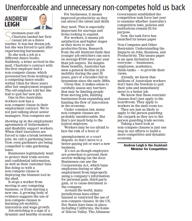 Non-compete clauses impede 1 in 5 workers from moving to a better job. My opinion piece in the West Australian looks at how they're holding back everyone from dance instructors to disability support workers andrewleigh.com/unenforceable_… #auspol
