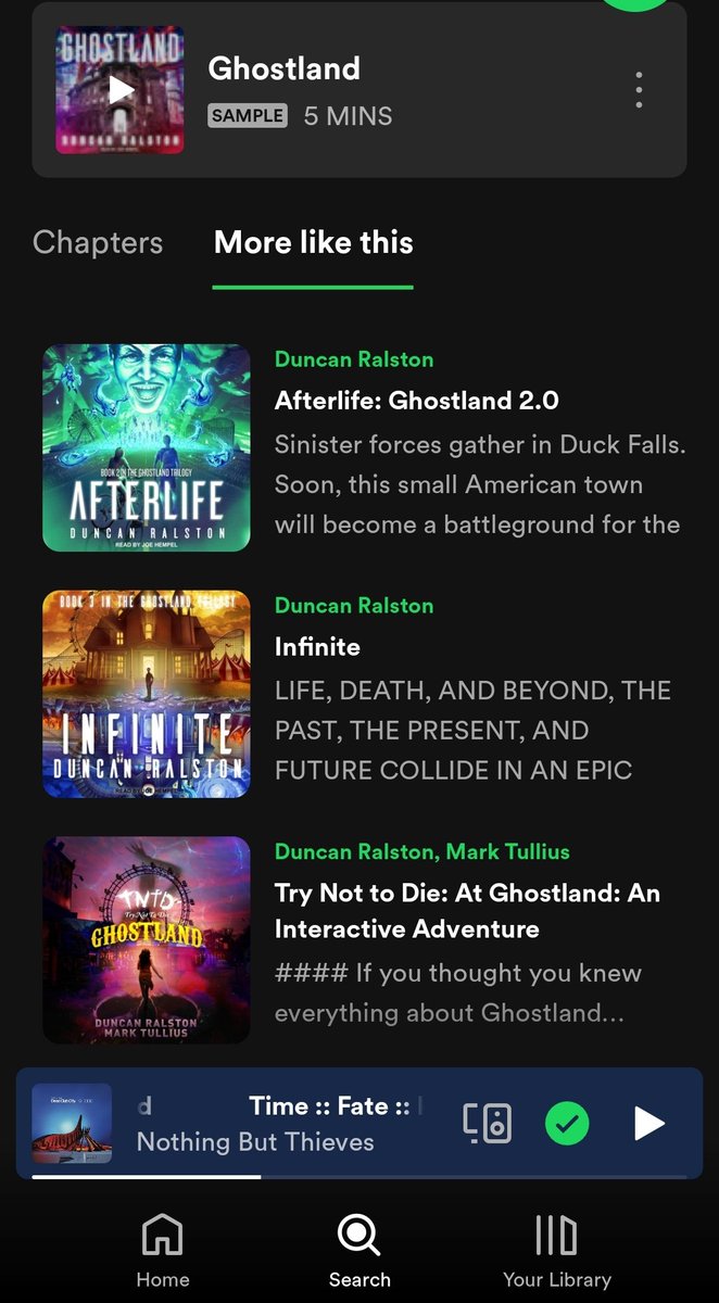 Do you have Spotify Premium? If you do, the entire GHOSTLAND trilogy is available for your listening pleasure, as well as TRY NOT TO DIE: AT GHOSTLAND!