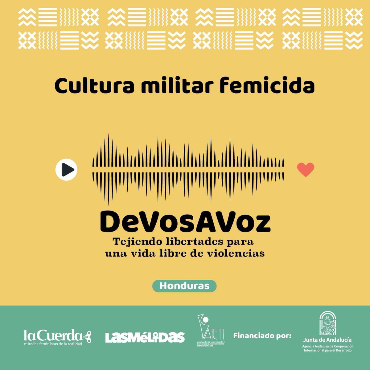 laCuerda2's tweet photo. Hoy en el marco de la Campaña de Vos a Voz, Tejiendo libertades para una vida libre de violencias, les presentamos el radio reportaje "Cultura militar femicida".
#DeVosAVoz
#TejiendoLibertades
#VidasLibres
#Feministas https://t.co/PYnefZaIxd
