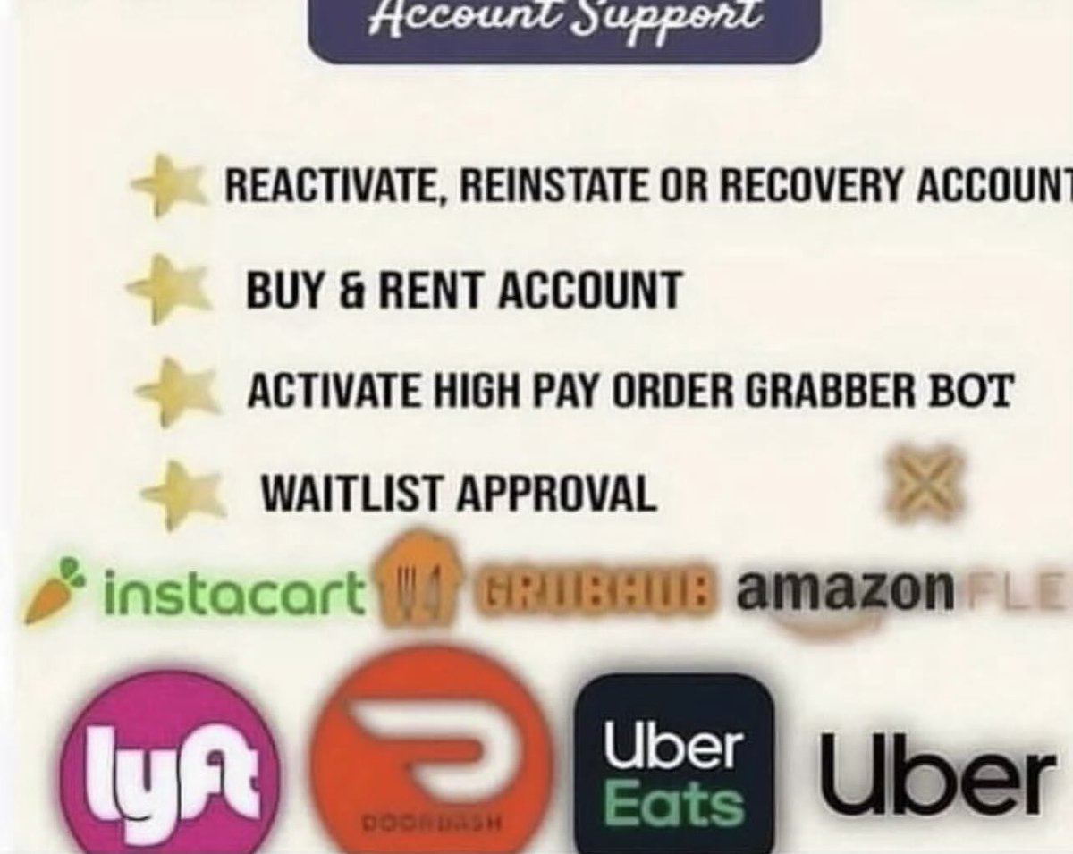 REACTIVATE, BUY AND RENT ALL GIG ACCOUNT WITH BOY GRABBER SOFTWARE.
SEND US A DM #instacart #instacartshopper #instacartshoppers
#instacartshoppers #doordash
#doordashdriver #doordashdelivery #doordasher
#doordashdeactivated #lyft #lyftdriver
#lyftpromocode
#amazonfledriver