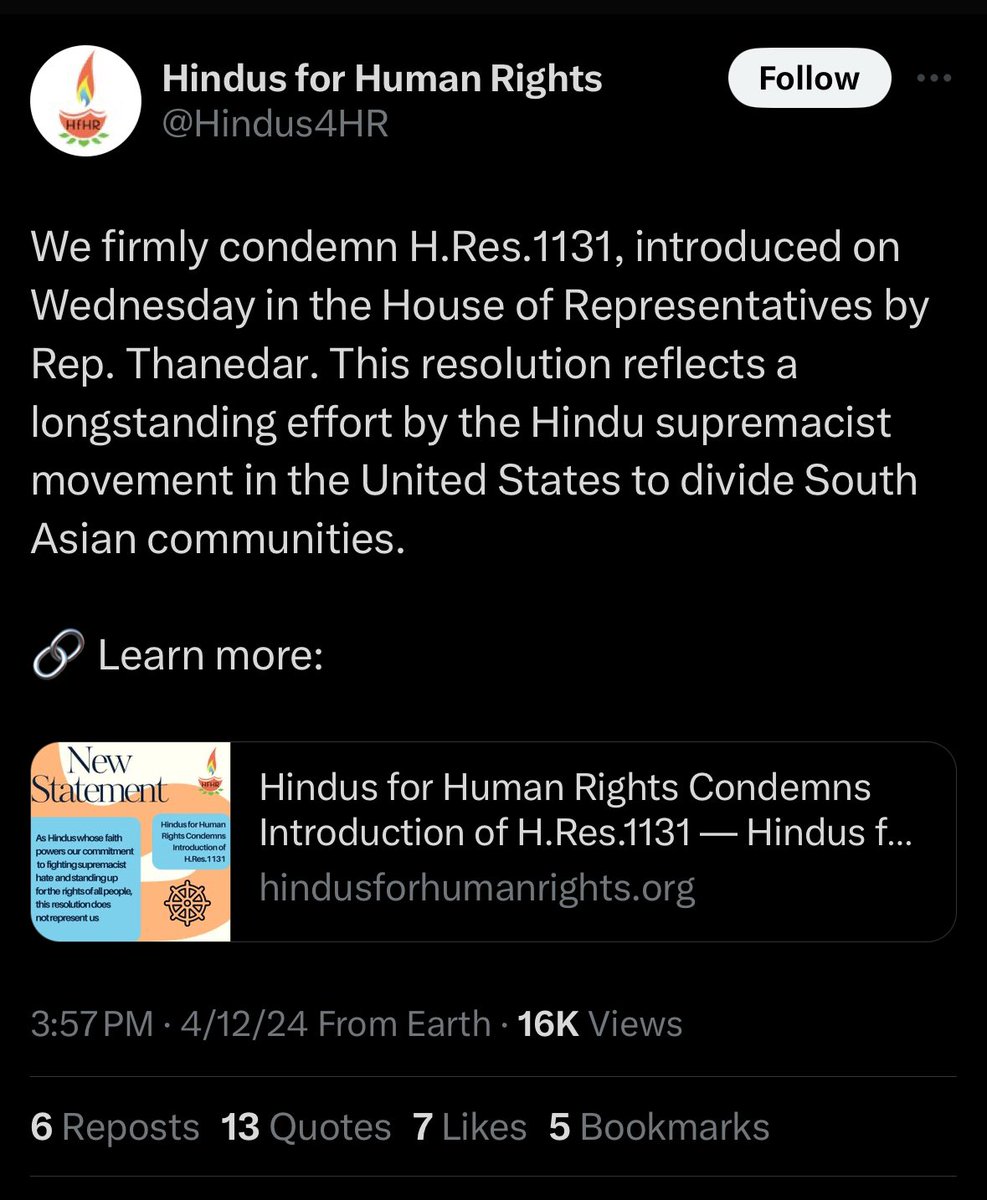 H.Res. 1131: Respect Hindu Americans and protect their places of worship from destruction and attack. Hindus for Human Rights: We condemn this violent, divisive act of Hindu supremacy. Let me understand this. The only way this resolution is divisive of “South Asian…