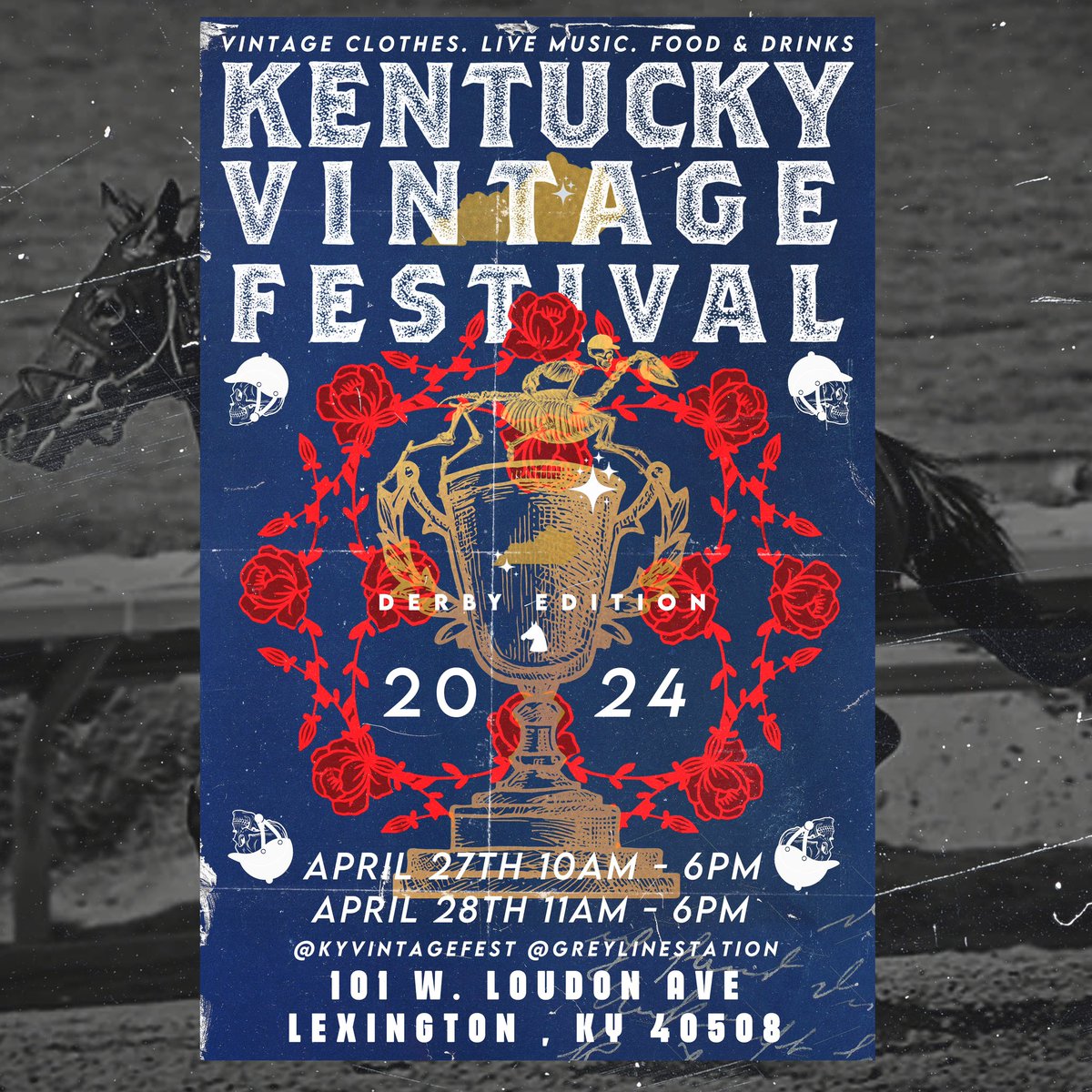 Flyer design for Kentucky Vintage Fest. Loosely inspired my Grateful Dead themes , the derby and spring fashion

Hit up the Greyline Station in Lexington , Ky for the festival April 27 - 28th.

#staychampion
#kentuckyvintagefest
#followthrough
#keepgoing
#infamousjeanclaude
