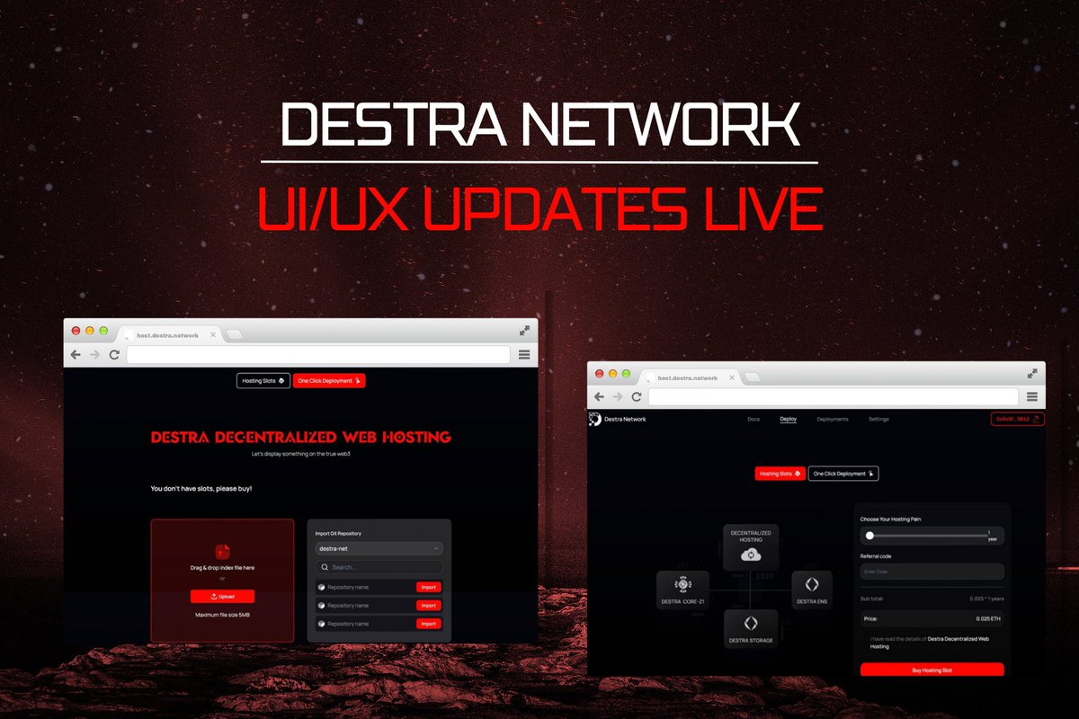 Destra Network | $DSYNC Decentralized Web Hosting - UI/UX Upgrade host.destra.network After receiving feedback from the community on the UI/UX of our Decentralized Web Hosting's Frontend, we reviewed every piece of feedback and brainstormed improvements. Today, we are