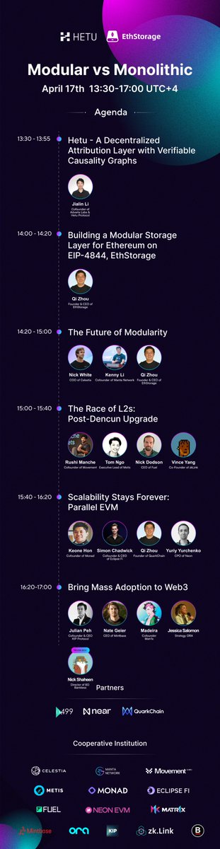 🚀Introducing the 'Modular vs Monolithic' event hosted by Hetu Protocol and @EthStorage on April 17th in Dubai! And we are honor to have our valuable partners: @0x499 @NEARProtocol @Quark_Chain and all the supports from @CelestiaOrg @movementlabsxyz @MetisL2 @fuel_network