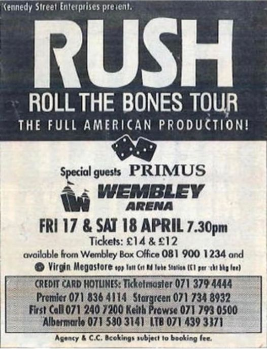 On April 17, 1992, Rush played with Primus at Wembley Arena in London, England 🇬🇧 for the Roll the Bones tour.