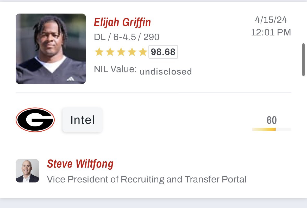 Wiltfong has placed a prediction for On3’s #2 ranked player Elijah Griffin to UGA