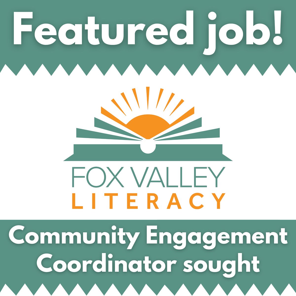Join @FoxValleyLit as a Community Engagement Coordinator (learn more or apply ➡️ tinyurl.com/4fv793bp) in #Appleton. $42K-$48K salary + benefits—apply now for this important #job opening!

#NonprofitJobs #AppletonWI #AppletonJobs #FoxValley #FoxCities #LoVols #NonprofitCareers