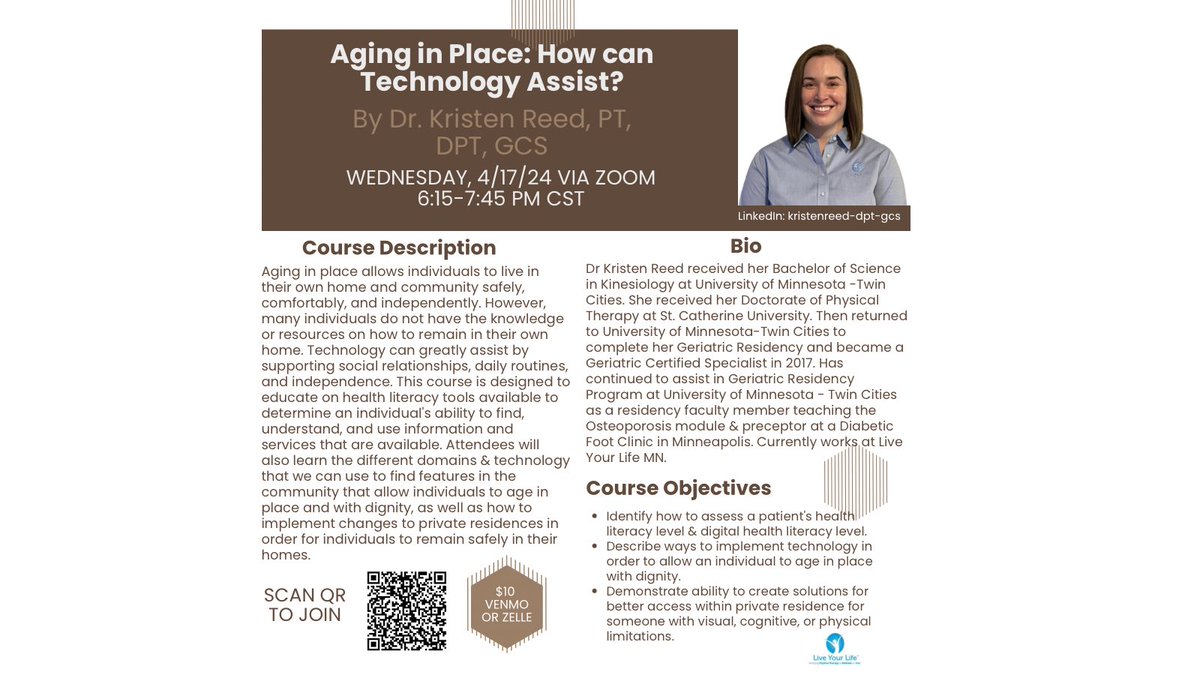 Join us virtually on  April 17th to discuss aging in place: how technology can assist with Kristen Reed, PT, DPT, GCS! Scan the QR code or click here to sign up tinyurl.com/mrx4b85v #continuingeducation #healthcareeducation #physicaltherapy #choosept