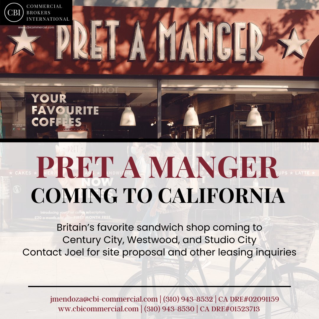 Beloved Pret A Manger is coming to California! 🥪🧃 Opening in Westwood, Century City, and Studio City. Contact Joel Mendoza for site proposals and leasing inquiries at jmendoza@cbi-commercial.com or 310-943-8532 #pretamanger #commercialrealestate #leasing #leasingnow #realestate