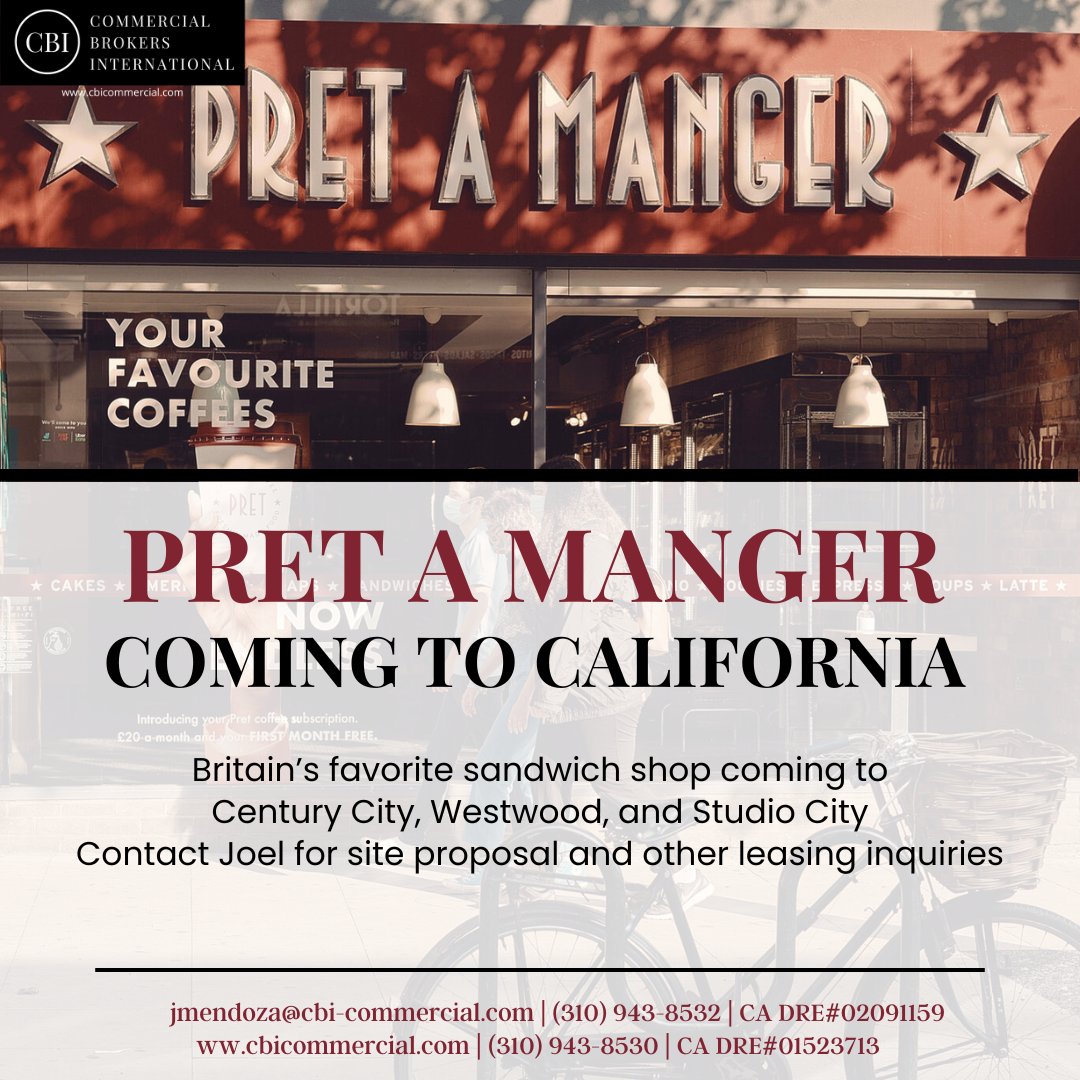 CBI_Commercial's tweet photo. Beloved Pret A Manger is coming to California! 🥪🧃 Opening in Westwood, Century City, and Studio City. Contact Joel Mendoza for site proposals and leasing inquiries at jmendoza@cbi-commercial.com or 310-943-8532 #pretamanger #commercialrealestate #leasing #leasingnow #realestate https://t.co/vDOAW0upDr