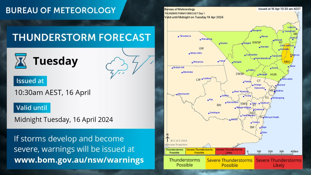 ⛈️Tuesday's forecast: severe thunderstorms with large hail and heavy rainfall are possible in parts of the Mid North Coast and adjacent ranges. Thunderstorms are possible across the north. Warnings if needed: bom.gov.au/nsw/warnings/