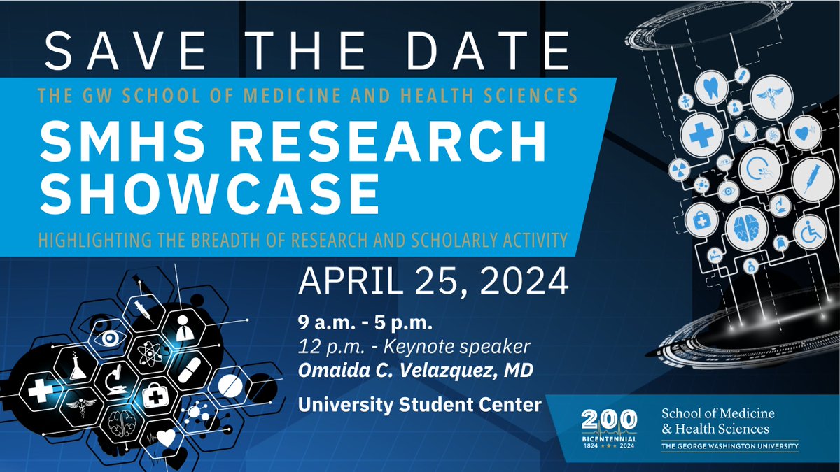 Join #GWSMHS for the Research Showcase on April 25! The showcase will highlight the breadth of research and scholarly activity that students have accomplished during their education at GW SMHS. Learn more here: bit.ly/3dGWuYD #GWSMHS200