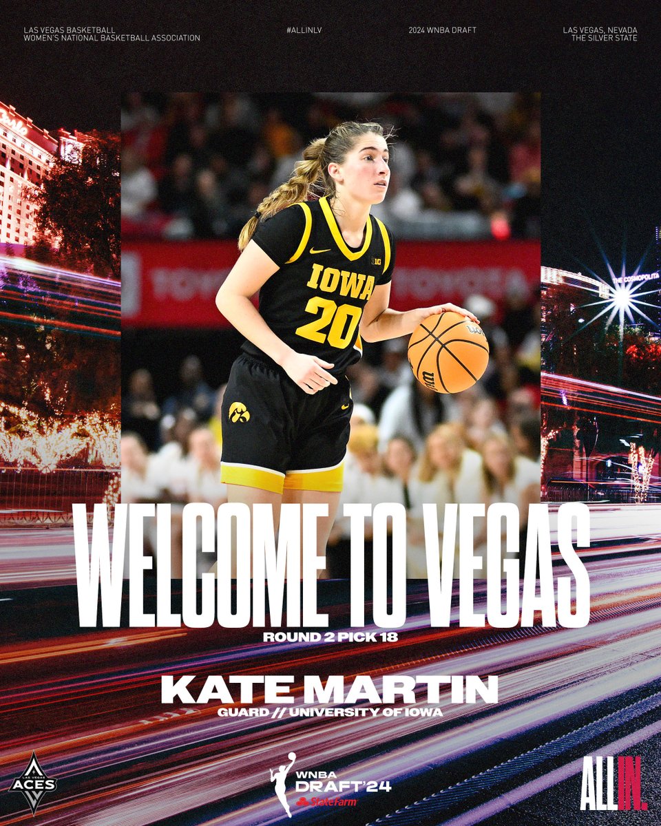 Las Vegas Aces (@lvaces) on Twitter photo We’re adding another Hawkeye to the team ✨
With the 18th pick in the 2024 #WNBADraft, the Las Vegas Aces select <a href="/kate_martin22/">Kate Martin</a> from <a href="/IowaWBB/">Iowa Women's Basketball</a>!
#ALLINLV We’re adding another Hawkeye to the team ✨
With the 18th pick in the 2024 #WNBADraft, the Las Vegas Aces select <a href="/kate_martin22/">Kate Martin</a> from <a href="/IowaWBB/">Iowa Women's Basketball</a>!
#ALLINLV