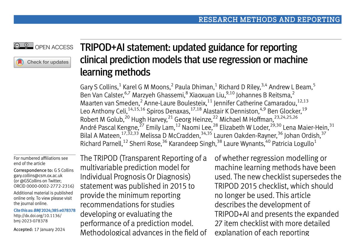 NEW PAPER out today in @BMJ_latest TRIPOD+AI: reporting recommendations for studies developing or validating prediction models for use in healthcare that use #machinelearning methods bmj.com/content/385/bm… #ArtificialIntelligence #AIstandards #OpenAccess Please share 🙏