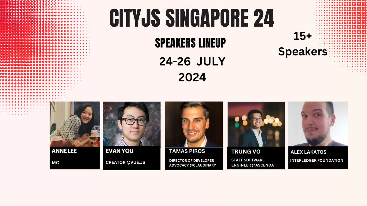 Ready for #CityJSSingapore!? We got an amazing lineup with so far @youyuxi @tpiros @trungvose @avolakatos and @anneincoding Our CFP ends in a month! Get your tickets now‼️ singapore.cityjsconf.org