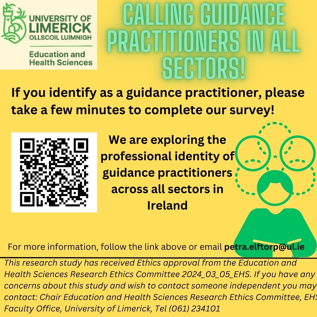 We are exploring Irish guidance practitioners’ professional identity across all sectors (education, employment, private practice, industry, state bodies etc.) and would appreciate if you consider completing this 5-10 min online survey: unioflimerick.eu.qualtrics.com/jfe/form/SV_54…
