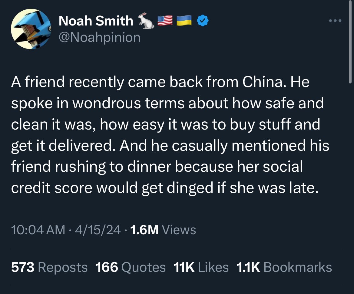 11,000 likes and 1.6M views for yet another egregious lie about China by this guy. For the millionth time, there is no 'social credit score' in China. Go to China, ask anyone what their 'social credit score' is, and people will have zero clue what you're referring to. It DOES…