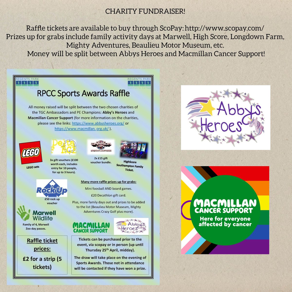 CHARITY FUNDRAISER! 

Raffle tickets are available to buy through ScoPay: scopay.com; prizes up for grabs include family activity days at Marwell, High Score, Longdown Farm, Mighty Adventures, etc. Money will be split between Abbys Heroes and Macmillan Cancer Support