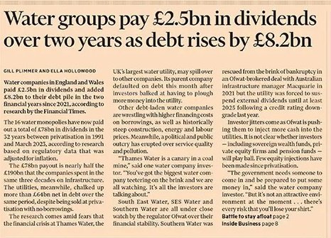 If you ever want to know how much of a scam Conservative privatisation is, read this. While telling us they can't afford to stop dumping raw sewage in our rivers, they were taking £2.5 billion in dividends while loading on £8.2 billion of extra debt. Debt they expect US to pay.