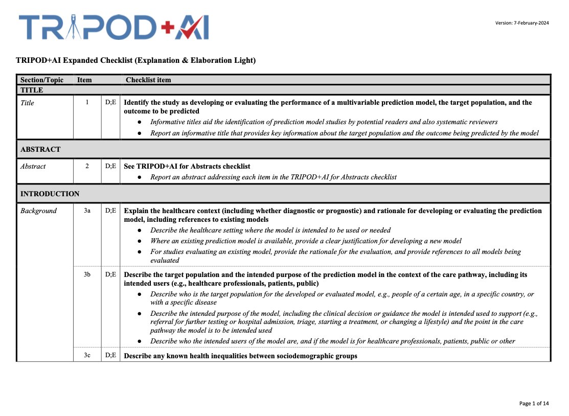 The TRIPOD+AI statement consists of a 27 item checklist to report in a prediction model study, and an expanded checklist that provides guidance for each item. The recommendations are agnostic to the modelling approach (e.g., #machinelearning or regression)