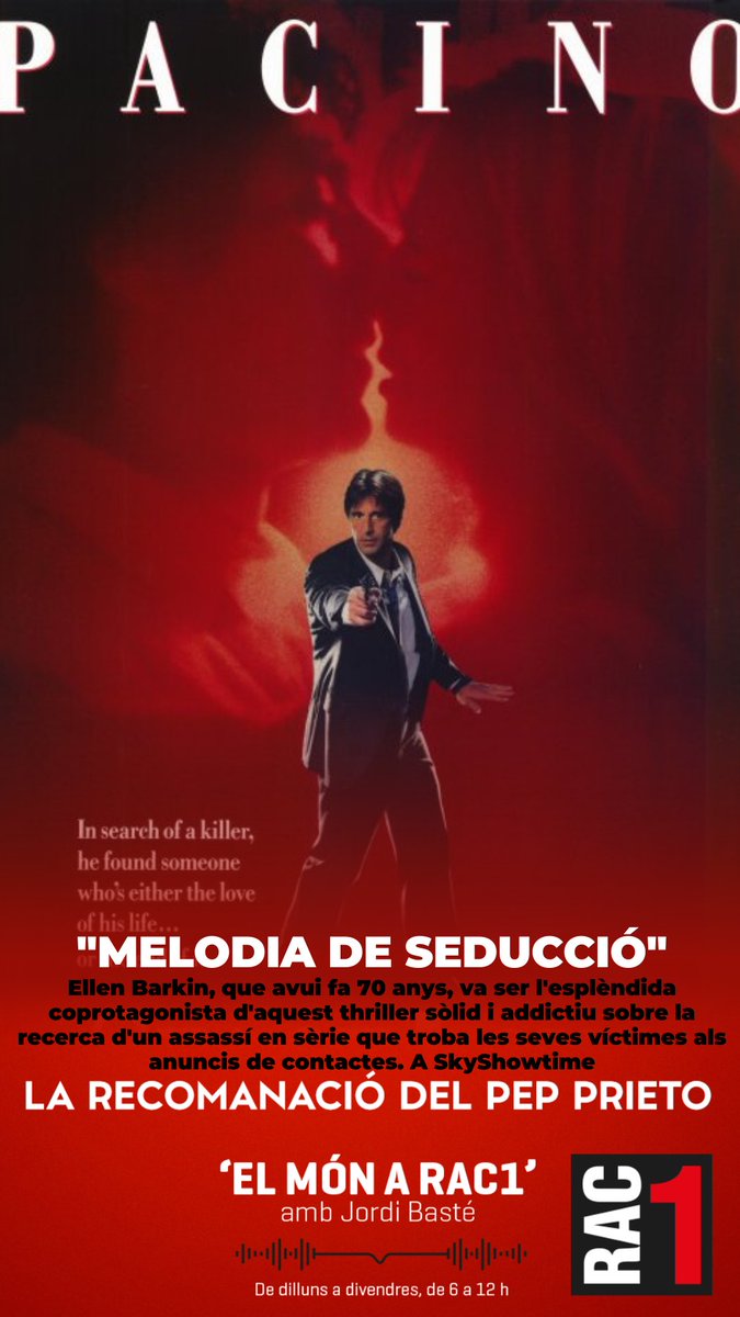 La meva recomanació a@elmonarac1: 'Melodia de seducció'. Ellen Barkin, que avui fa 70 anys, va ser l'esplèndida coprotagonista d'aquest thriller sòlid i addictiu sobre la recerca d'un assassí en sèrie que troba les seves víctimes als anuncis de contactes. A SkyShowtime