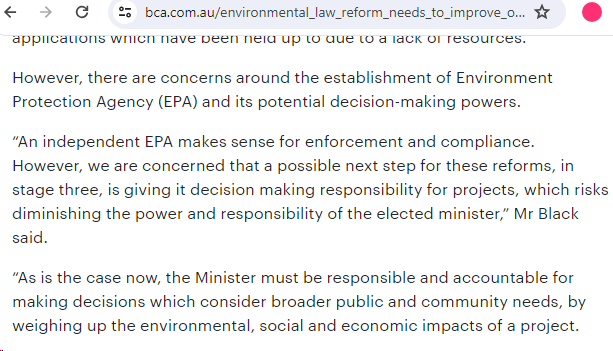 The Business Council of Australia is unsurprisingly pretty chill about delays to environmental law reform, but gravely concerned that any kind of environmental protection agency will be *too* independent & make it harder to influence the Minister. #auspol #biodiversity #climate