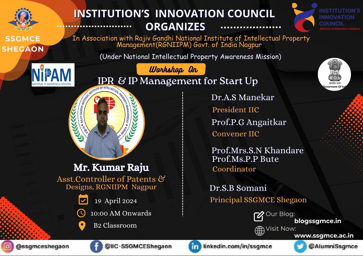 SSGMCE, SHEGAON
Activities 2023-24_IIC (Institution’s Innovation Council)
#ssgmceshegaon #ssgmce #engineering #management #ug #pg #technicaleducation #managerialeducation #irp #ipmanagement #creativity  #workshop #sharing #research #startup #entrepreneurship