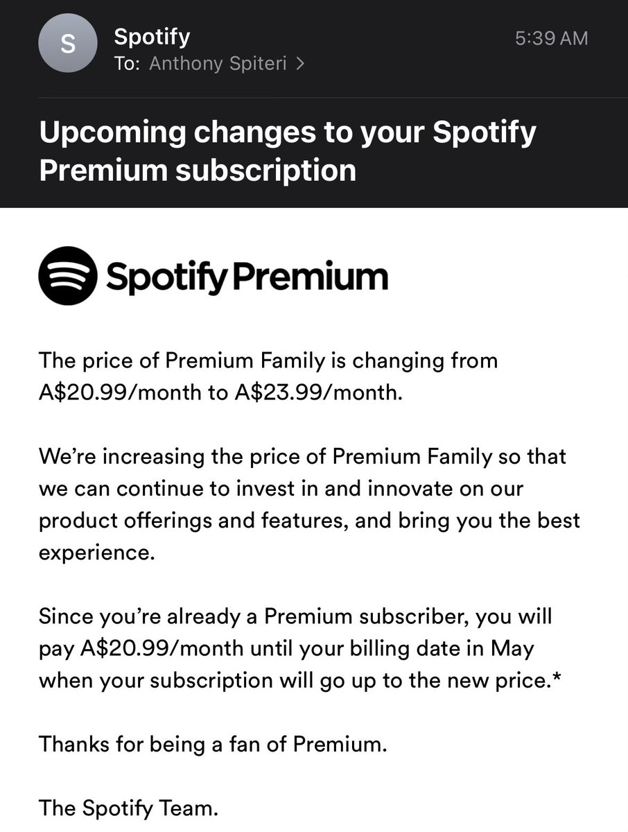 So when @Spotify raises prices for the Family Plan by $3 AUD per month… what do you do? Absolutely nothing… gotta lump it cause they are in control!