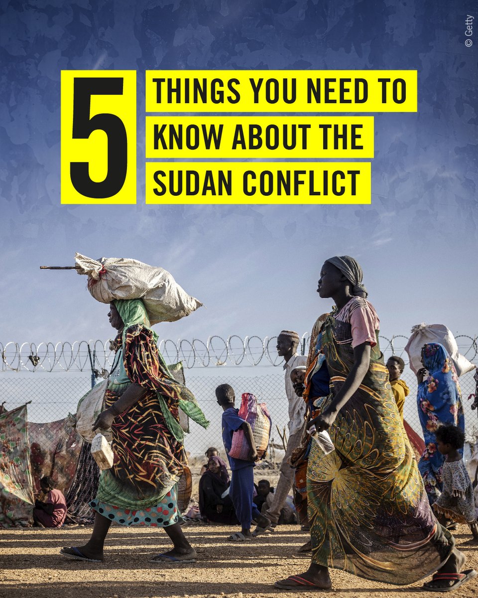 It's been 1 year since conflict broke out in hashtag #Sudan. The internal conflict has killed over 14,000 people and left 25 million people trapped in a spiral of deteriorating food security. Here are 5 things you need to know about the #Sudan conflict : ⬇