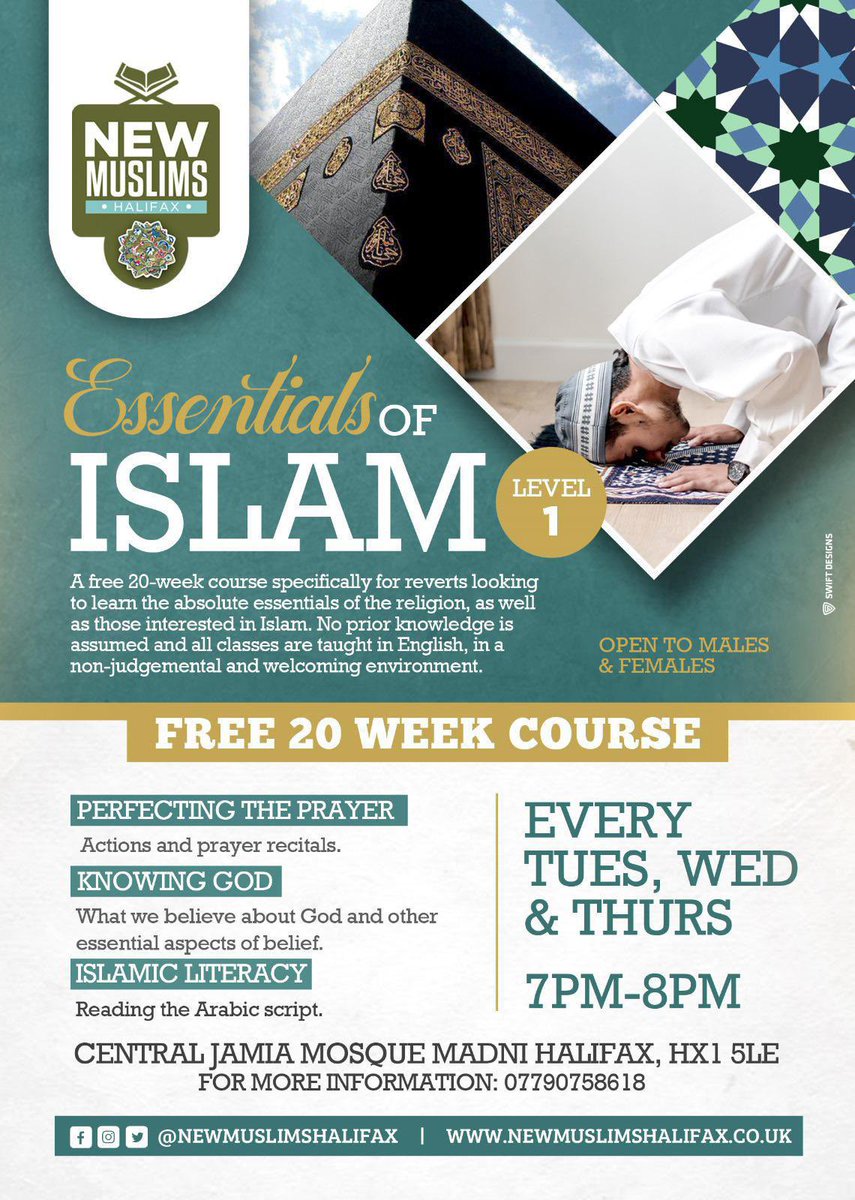 NMuslimsHalifax's tweet photo. NEW MUSLIMS HALIFAX

Essentials of Islam - Level 1

A free 20-week course specifically for reverts looking to learn the absolute essentials of the religion, as well as those interested in Islam. No prior knowledge is assumed and all classes are taught in English. See poster. https://t.co/NBKlYY7s1C