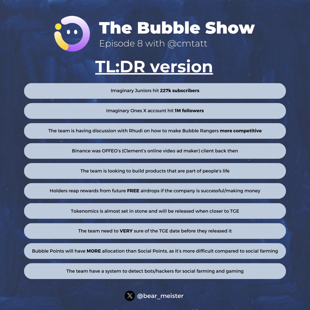 TL:DR episode 8 of the $BUBBLE show with @cmttat - hosted by @bigdog_12345 & @0xSameer Interesting discussion on Clement's journey and future vision for @Imaginary_Ones Full episode here: twitter.com/bigdog_12345/s…