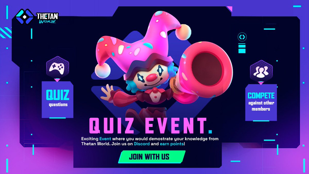 🎉 Thetan World Quiz Extravaganza! 🎉 Get ready to flex those brain muscles because we’re hosting the Thetan World Fun Quiz Event! 🎉❤️‍🔥 🕖 TODAY 16/04 14:30 (UTC) 🌟 How It Works: 🤖Join our THETAN ARENA chat on Thetan Discord. (discord.gg/thetanworld) Answer mind-bending