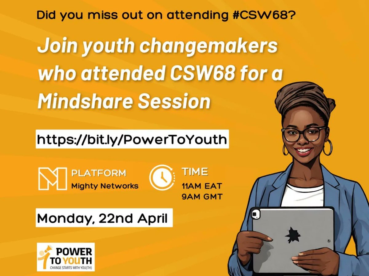 ‼️Upcoming Event Alert‼️

Join us for a virtual hangout session organised by the Power to You(th) Global Youth Group where young changemakers who attended #CSW68 delve into a mindshare session. 

Venue: Mighty Networks: bit.ly/PowerToYouth

See you there!