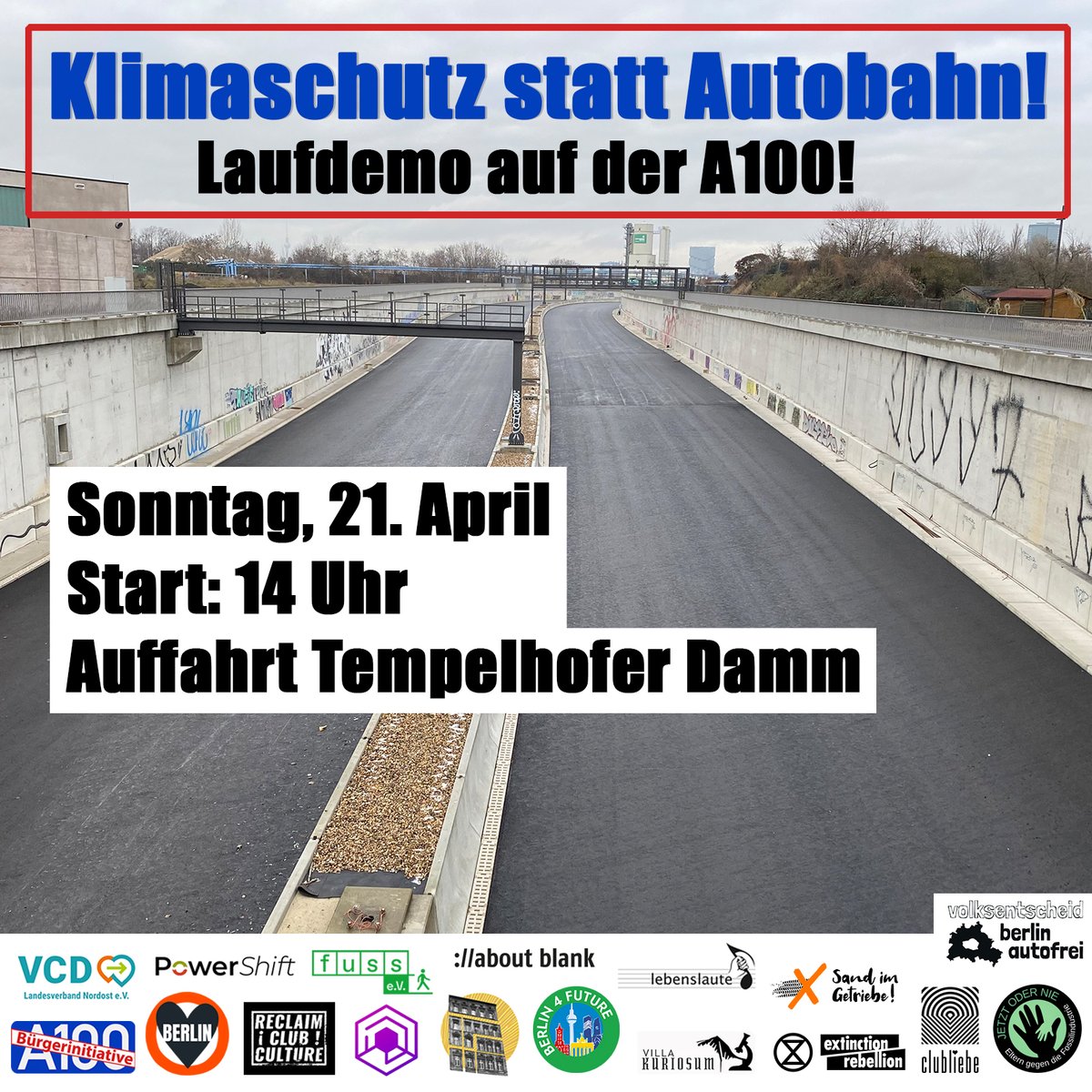 Klimaschutz statt Autobahn! Demo auf der #A100
➡️Sonntag, 21.4. 14 Uhr, Auffahrt A100 Tempelhofer Damm
Während die #Klimakrise weiter befeuert 🔥 wird, werden Sektorenziele aufgehoben.😡
Wir gehen zu Fuß auf die Autobahn, um gg. Weiterbau zu demonstrieren.
bi-a100.de/klimaschutz-st…