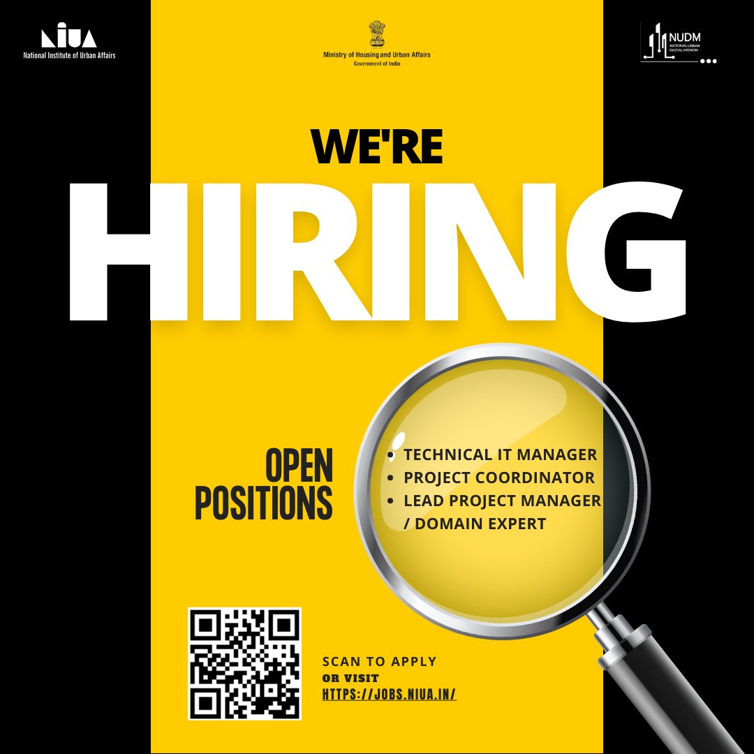National Urban Digital Mission-NIUA (@nudm_niua) on Twitter photo The <a href="/NIUA_India/">NIUA_India</a> is hiring experts for a national level-digital platform.
Open Positions -
1. Technical IT Manager- jobs.niua.in/jobs/technicalā¦
2. Lead Project Manager/Domain Expert- jobs.niua.in/jobs/lead-projā¦
3. Project Coordinator- jobs.niua.in/jobs/project-cā¦
Last Date: 24 April, 24 The <a href="/NIUA_India/">NIUA_India</a> is hiring experts for a national level-digital platform.
Open Positions -
1. Technical IT Manager- jobs.niua.in/jobs/technicalā¦
2. Lead Project Manager/Domain Expert- jobs.niua.in/jobs/lead-projā¦
3. Project Coordinator- jobs.niua.in/jobs/project-cā¦
Last Date: 24 April, 24