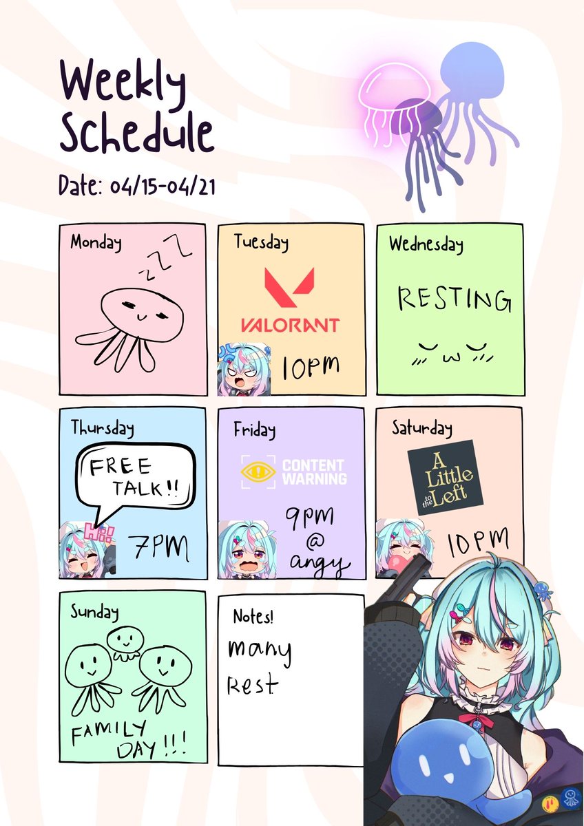 minazukimana_en's tweet photo. jelliance! this is my schedule for this week. we're finally going to get to try content warning hehe and many resting =⩊= it's going to be a pretty chill week~
general: #minazukimana
art: #manaart
live: #manalive
fan name: #jelliance
clips and memes: #manaclips #manamemes https://t.co/qA2LaBF8RH