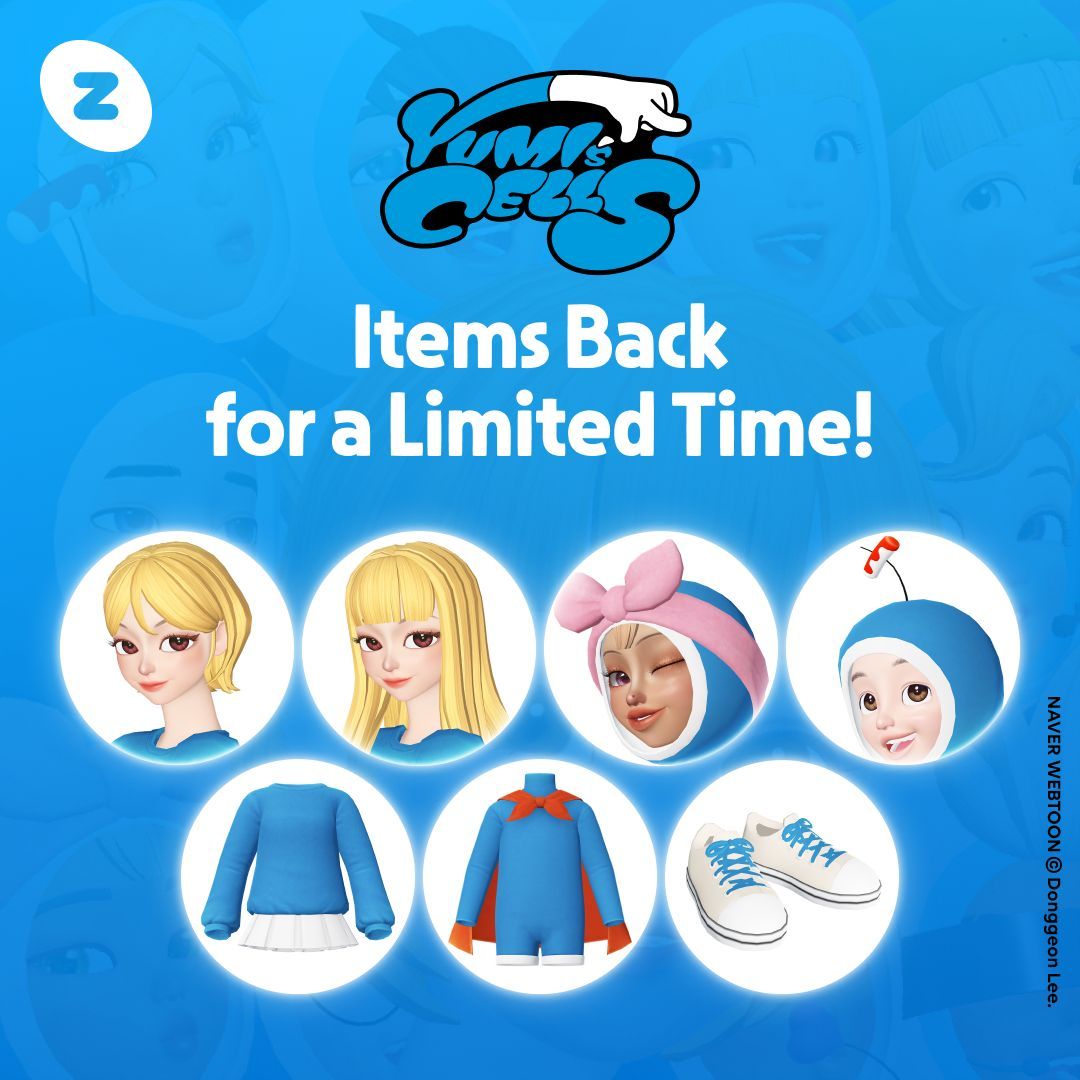 Yumi and her cells back in action! 🎉 <Yumi's Cells> items are back on ZEPETO for only 3 months from April 16 to July 16! 📢 Don't miss your last chance to own the 7 limited edition items that have returned 🎁 👉buff.ly/3xzmLEC #ZEPETO #WEBTOON #YUMISCELLS #LIMITED