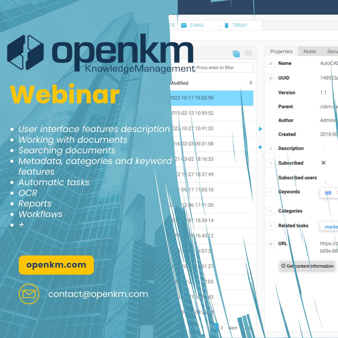 #Youareinvited #today Tuesday 16th at the hashtag#OpenKM #freewebinar at 16:30 PM CET. Click on lnkd.in/ecjwgFnY Meeting ID: 369 528 715 84 - Access code: gKmM2R and discover how the #opensource #documentmanagement can help you to solve the daily issue at work