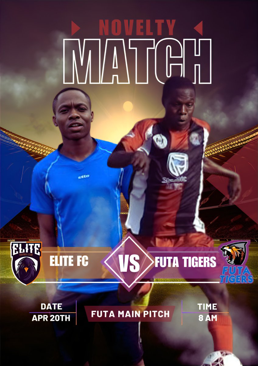 Up Next⬇️
NOVELTY MATCH:

⚽ ELITE FC Vs FUTA Tigers  
📅 Saturday 20th April
⏰ 8:00AM
🏟 FUTA Main Pitch 
 
#Futatigers
#Noveltymatch
#Akure