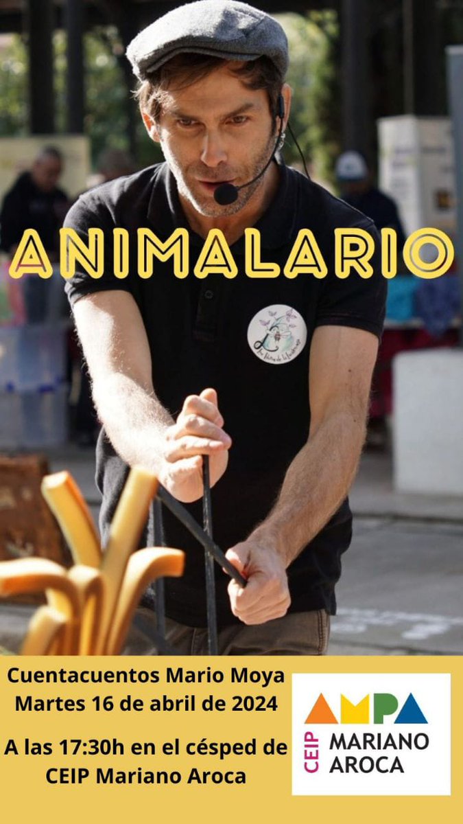 CUENTACUENTOS con Mario Moya.
Hoy martes 16 de abril, 17:30 h en el césped del colegio.