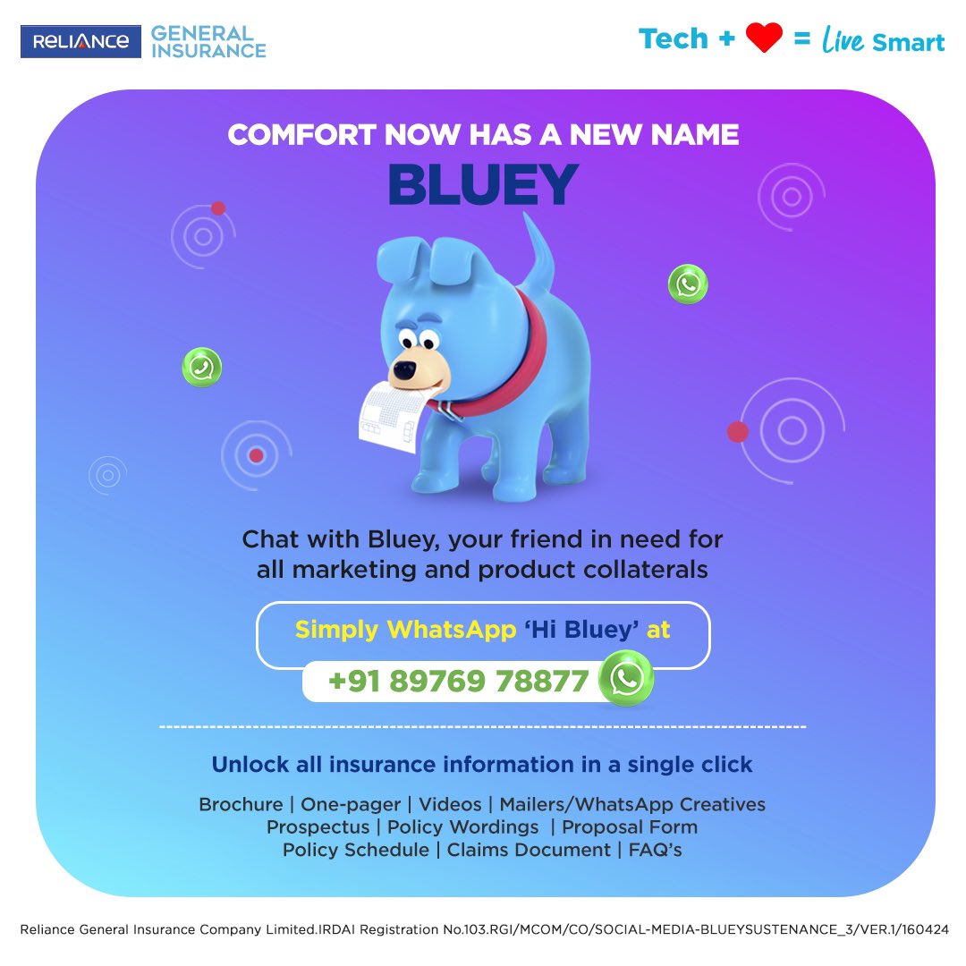 Need assistance with brochures, policy documents, policy schedules, claim documents, or forms? Bluey is your expert helper, ready to tackle any challenge with a simple 'Hi Bluey' at 8976978877📲 Visit us: reliancegeneral.co.in #RelianceGeneralInsurance #Tech+❤ #LiveSmart