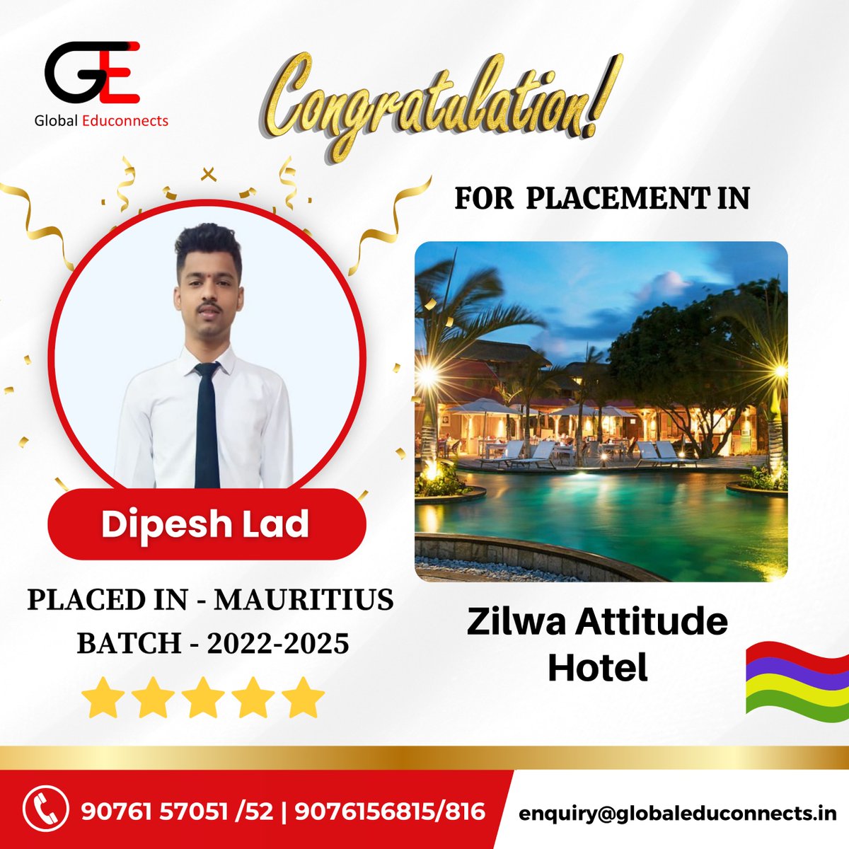 Congratulations!!! @i_am_dip.04 , on successfully getting placed in Mauritius. 
Call Now: +91 90761 57051 / 90761 57052

#placementyear #studyabroad #abroadstudy #mauritius #studyabroadlife #globaleduconencts #hospitalitymanagement #studyinmauritius #studyinmauritius2024