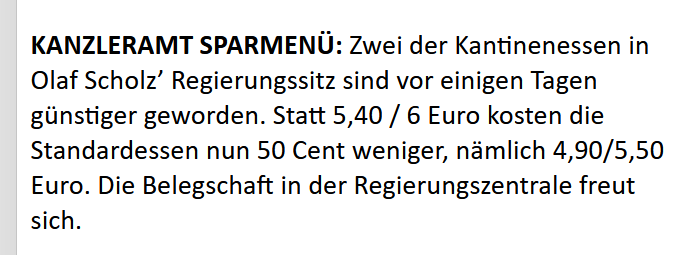 Alles wird teurer? Wer günstig zu Mittagessen will, sollte das in der Kantine im Kanzleramt tun 🤷‍♀️ #Servicetweet (via Politico)