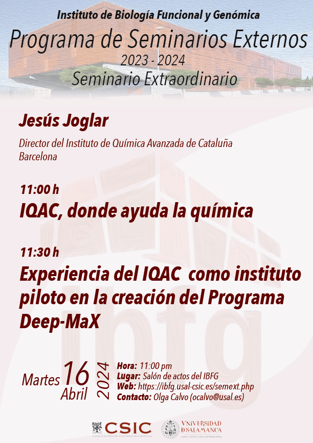 ibfg_es's tweet photo. #IBFG_External_Seminar | Join us on April 16th for a seminar entitled "IQAC, where chemistry helps" & "IQAC's experience as a pilot institute
in the creation of the Deep-MaX Program" by
Jesús Joglar, @IQAC_CSIC Director.
🕧11.00 h.
📍IBFG conference room
More info 👇 https://t.co/diDfWaHLFU