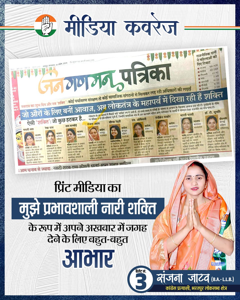 प्रिंट मीडिया का मुझे प्रभावशाली नारी शक्ति के रूप में अपने अखबार में जगह देने के लिए बहुत-बहुत आभार। 

संजना जाटव
(कांग्रेस प्रत्याशी, भरतपुर लोकसभा क्षेत्र)

#SanjnaJatav #SanjanaJatavBharatpur #Congress #Bharatpur #MeraBharatpurMeraParivar #LokSabhaElection2024…