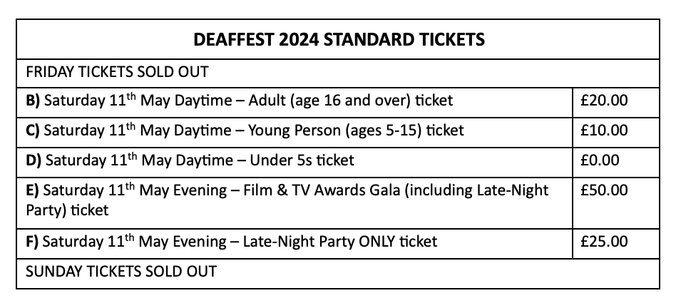 Tickets for #Deaffest 2024 on Saturday 11th May are available to buy online until 3.00pm on Saturday 11th May (subject to availability): peoplesfundraising.com/event/deaffest… #tuneintodeaffests15th